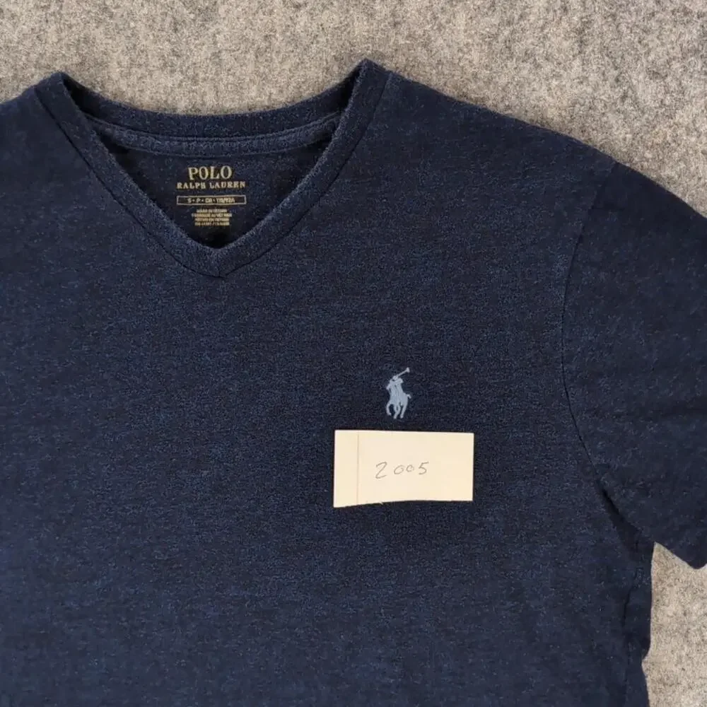 Polo Ralph Lauren Shirt Mens Small Blue V-Neck Pony Logo Cotton Tee Tagless